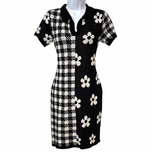 Black and White Mixed Floral Print Knit Dress